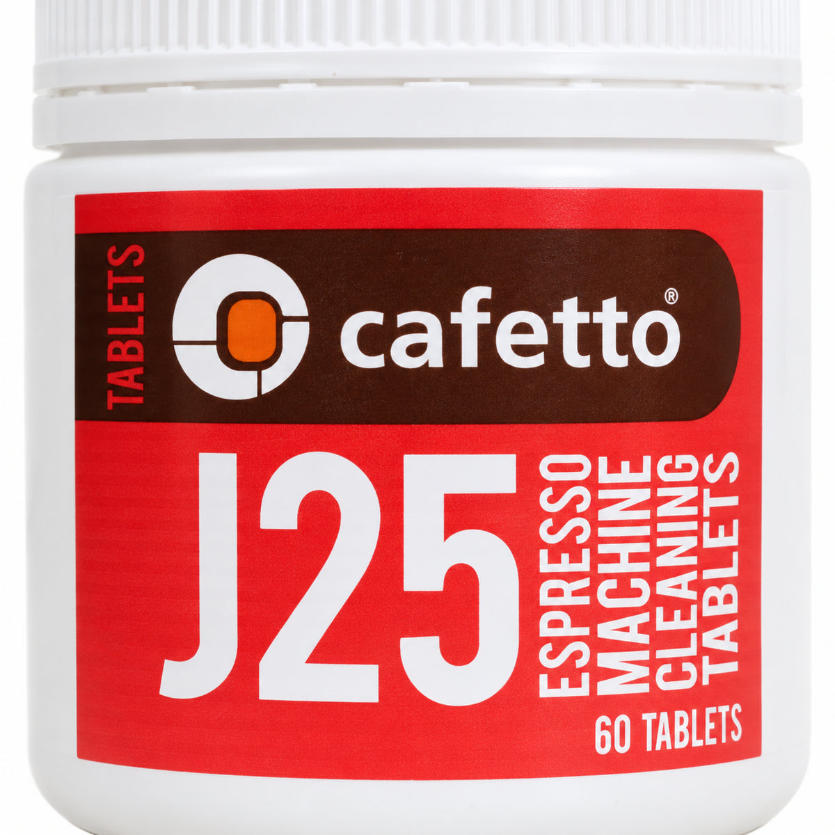 Cafetto J25 Cleaning Tablets 60 pack, close-up of the label