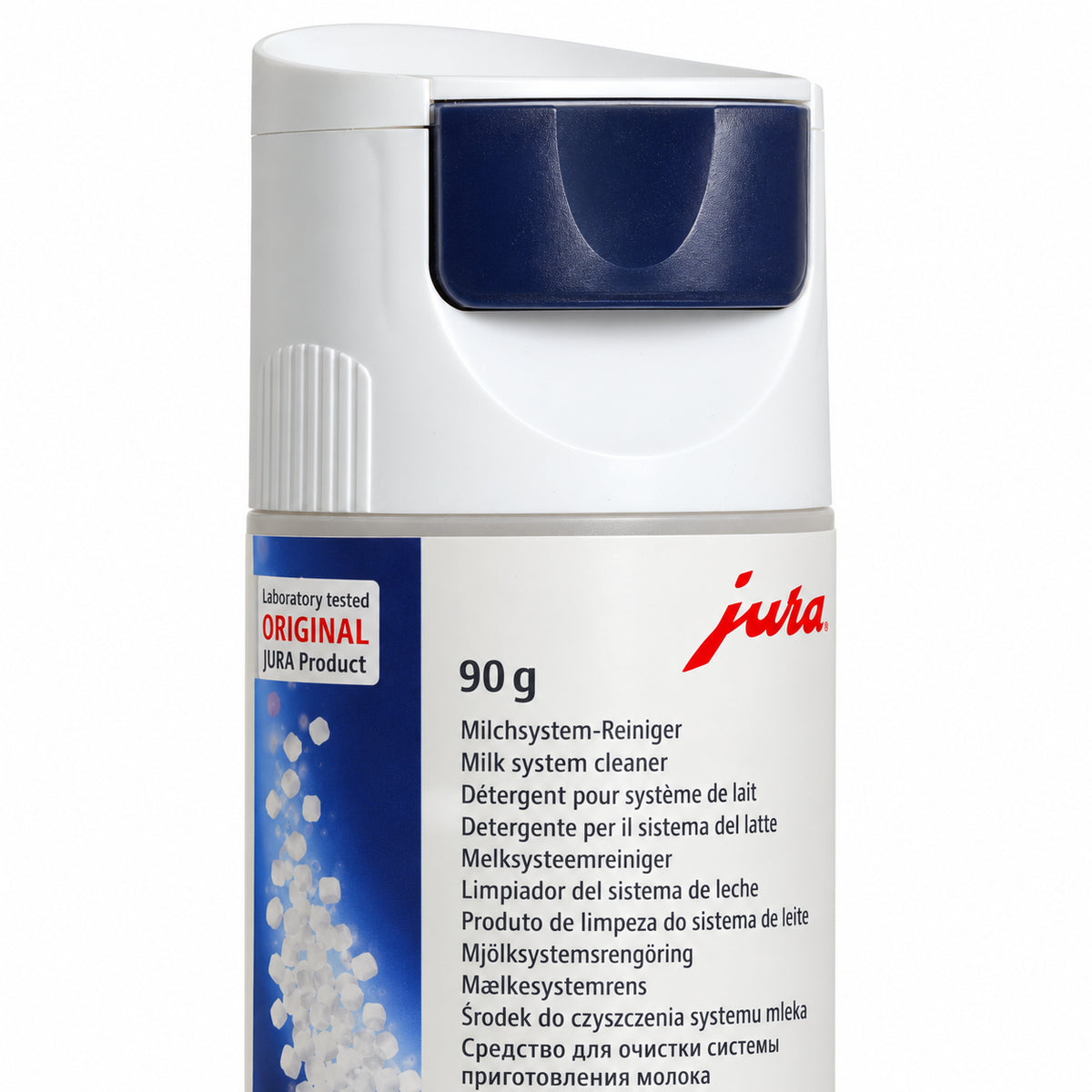 Jura Milk System Cleaner Mini Tabs 90g, close-up of the label