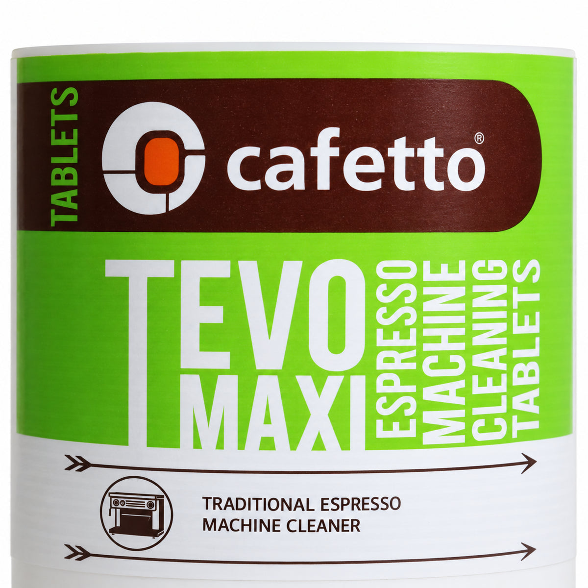 Cafetto Tevo Organic Espresso Clean Maxi Tablets 150 pack, close-up of the label