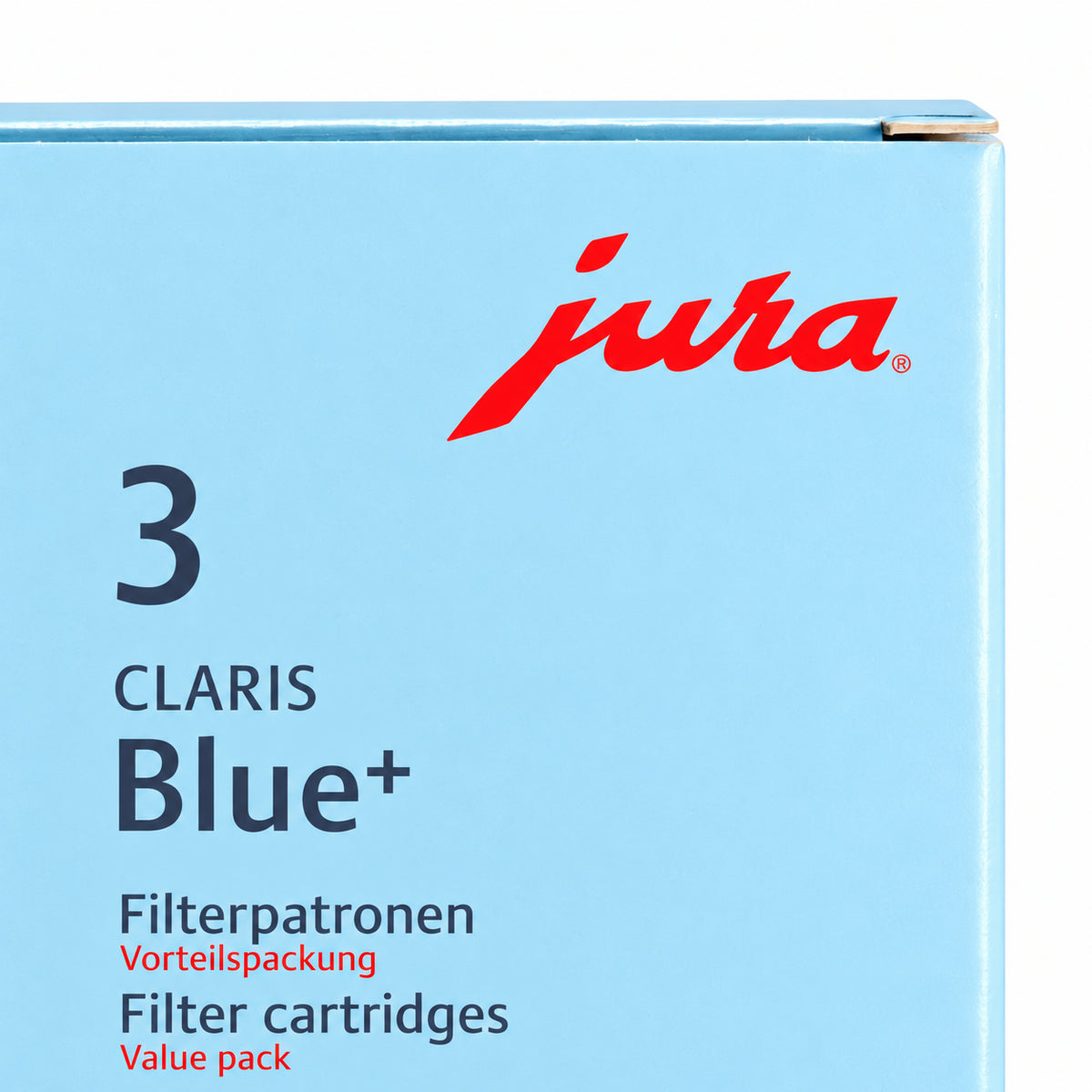 Jura Claris Water Filter Blue + 3 pack, close-up of the label