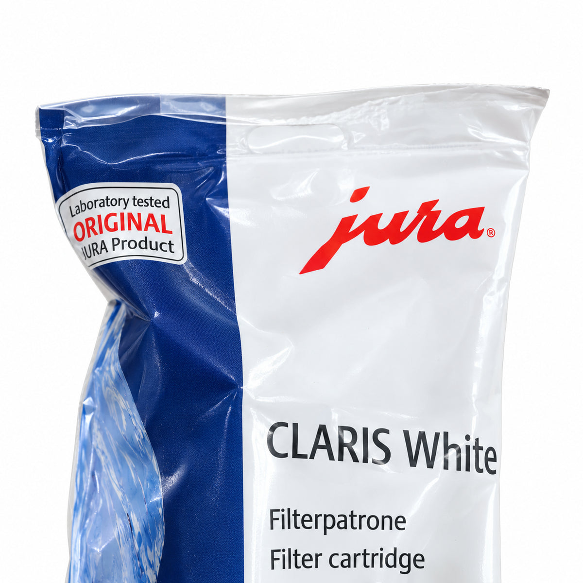 Jura Claris Water Filter White, close-up of the label