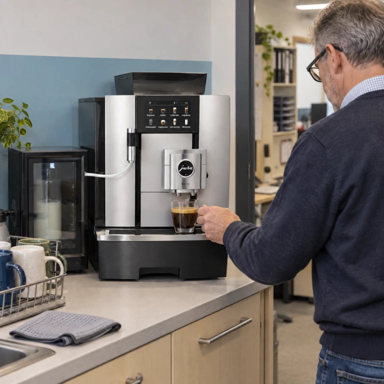 Jura GIGA X3 coffee machine and milk fridge in an office environment
