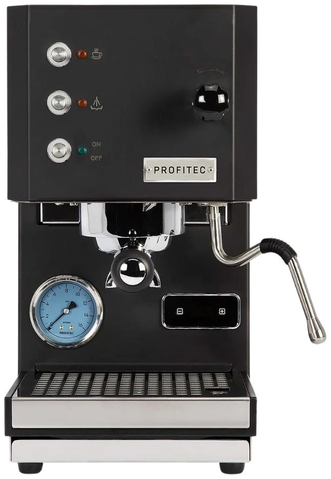 Black espresso machine with visible brand name on a white background