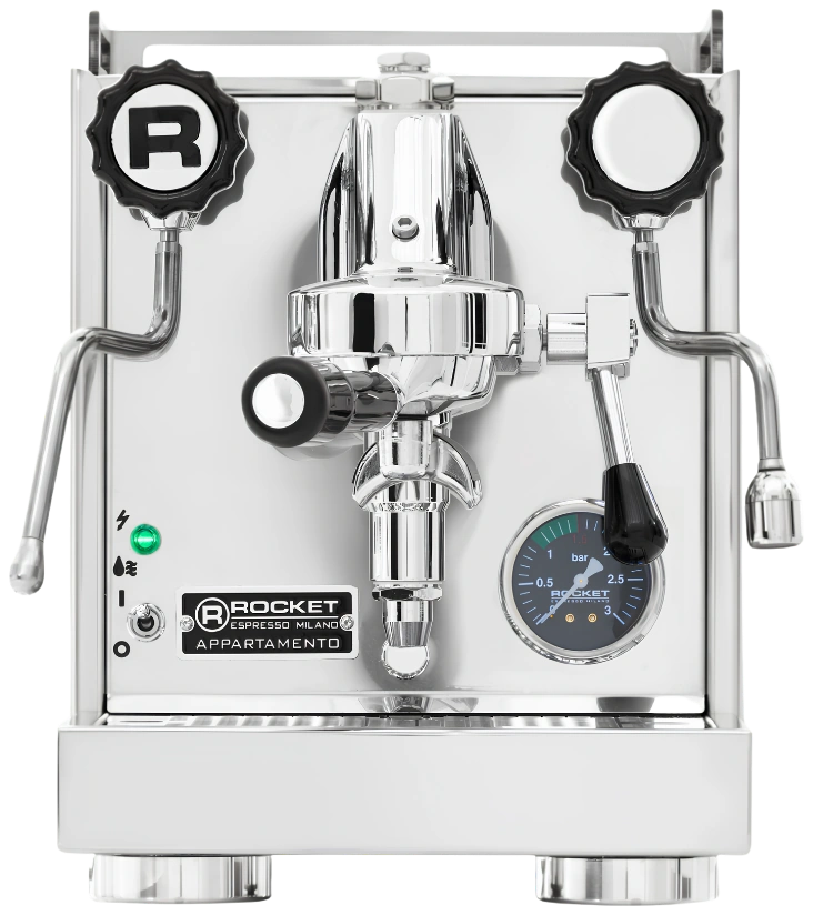 A Rocket Espresso Appartamento espresso machine in polished stainless steel with chrome accents, featuring two black and white adjustment dials, a pressure gauge, and a lever arm on a clean white background.