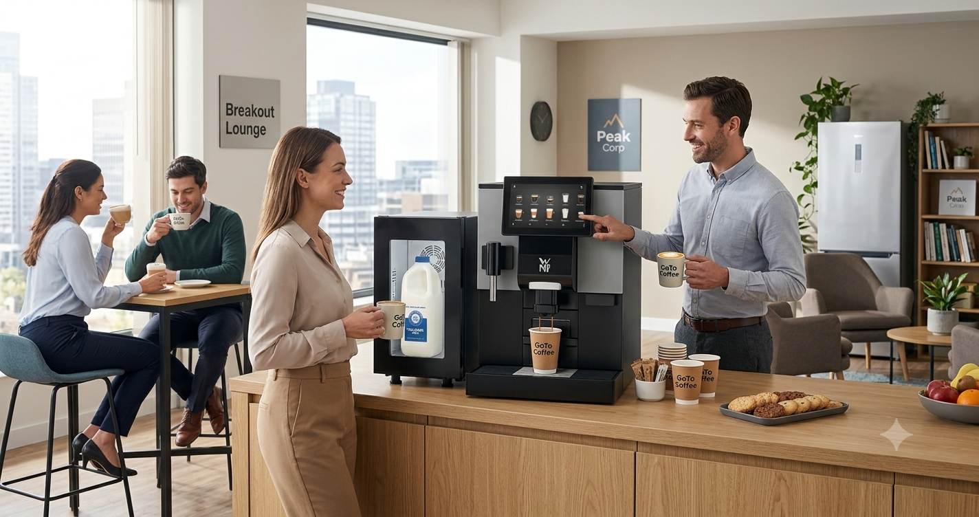 Automatic office coffee machine in office breakout area with staff enjoying a morning coffee