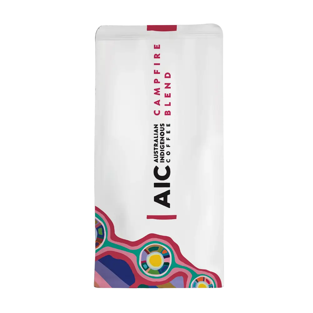 Coffee package with 'AIC Campfire' branding and colourful design on a white background