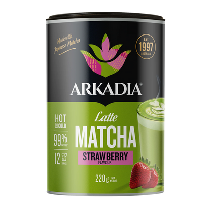 Arkadia Matcha Strawberry flavor latte canister on a white background