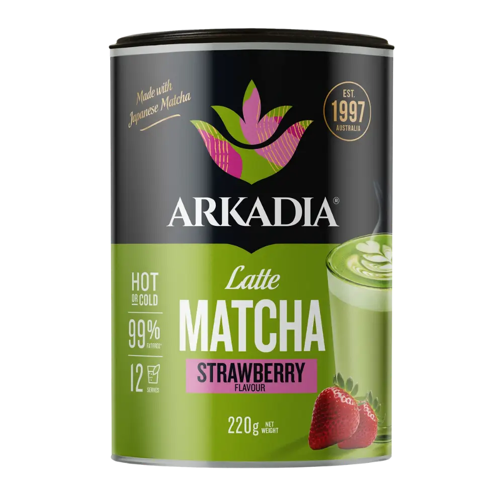 Arkadia Matcha Strawberry flavor latte canister on a white background