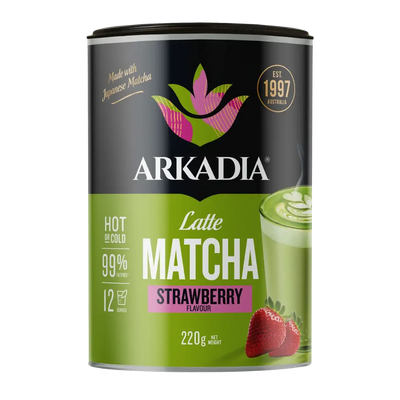 Arkadia Matcha Strawberry flavor latte canister on a white background