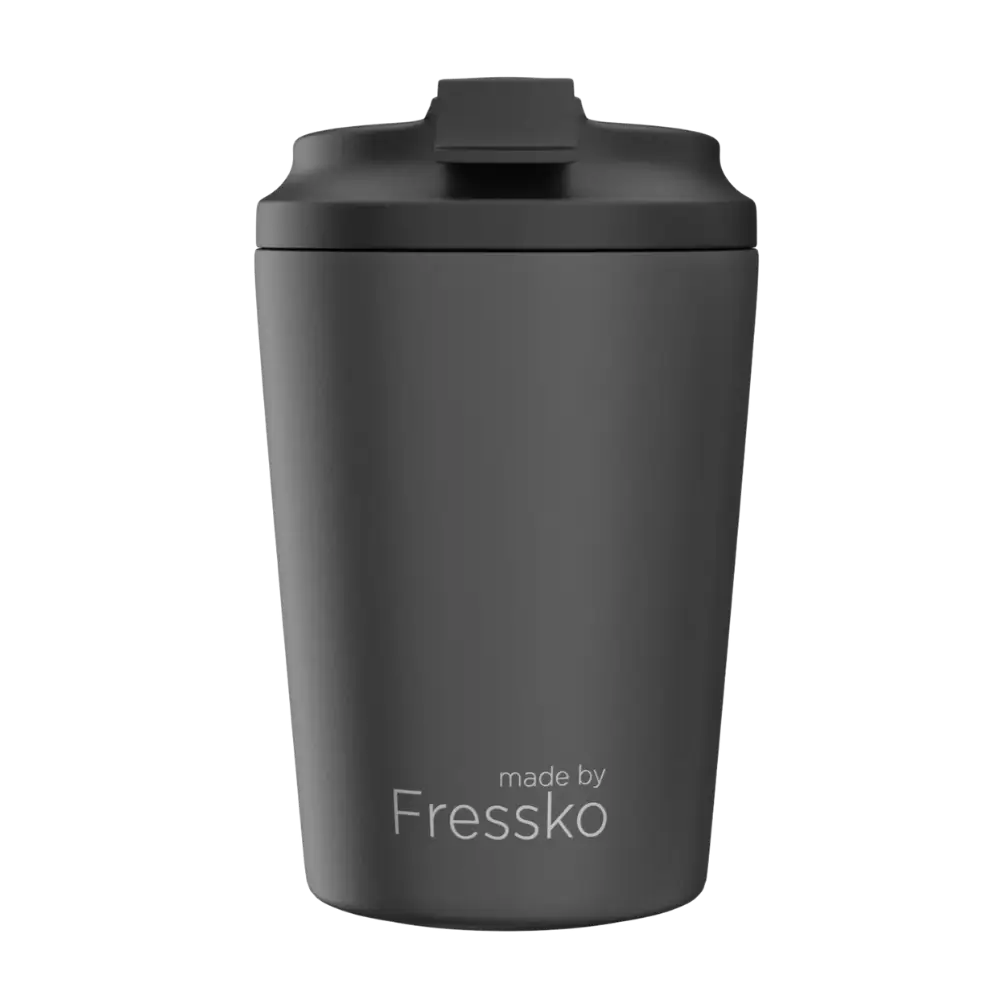 Black tumbler with lid on a white background, branded 'made by Fressko'.