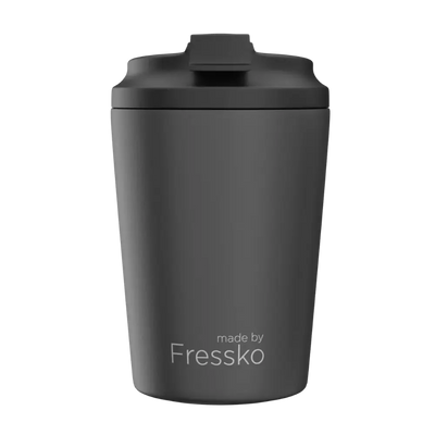 Black tumbler with lid on a white background, branded 'made by Fressko'.