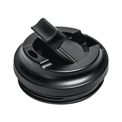Black plastic lid with a clip on a white background