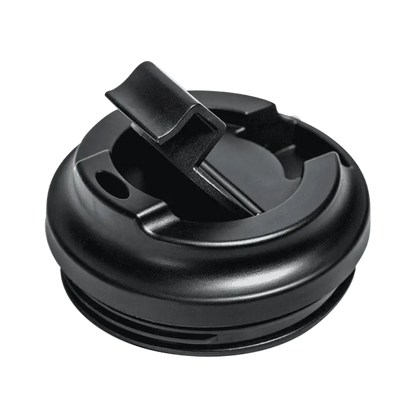 Black plastic lid with a clip on a white background