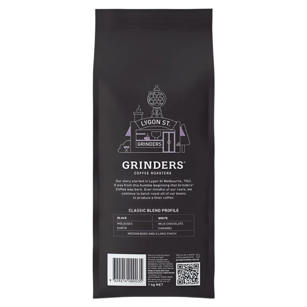 Back of bag Grinders Classic coffee beans 1kg