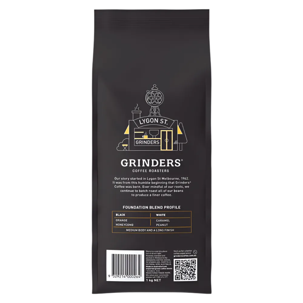 Back of Grinders Foundation coffee bean bag 