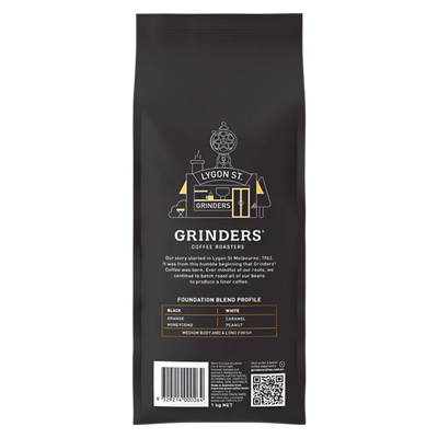 Back of Grinders Foundation coffee bean bag 