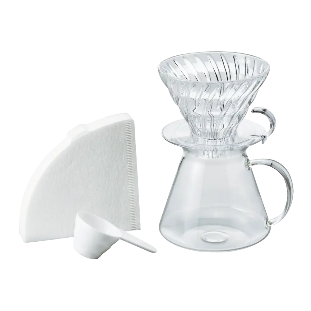 Hario V60 clear glass coffee dripper with white filters