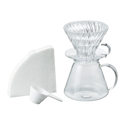 Hario V60 clear glass coffee dripper with white filters