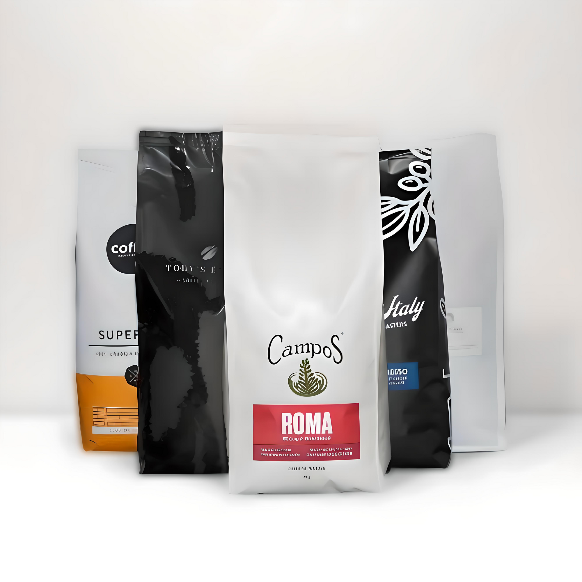 An assortment of coffee products including beans, ground coffee, and capsules