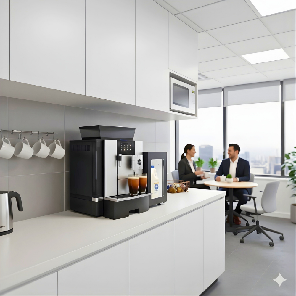 Jura GIGA X3 coffee machine and milk fridge in an office environment
