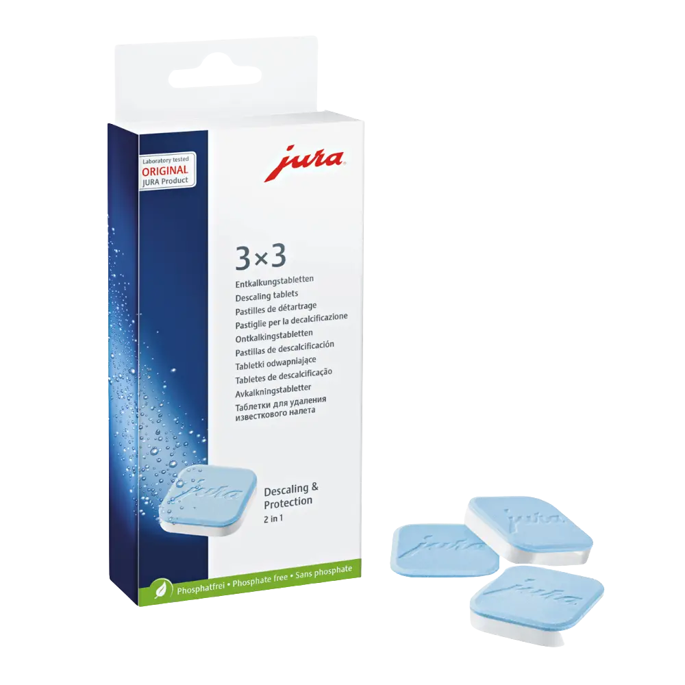 Jura decalcification tablets packaging with three tablets displayed on a white background