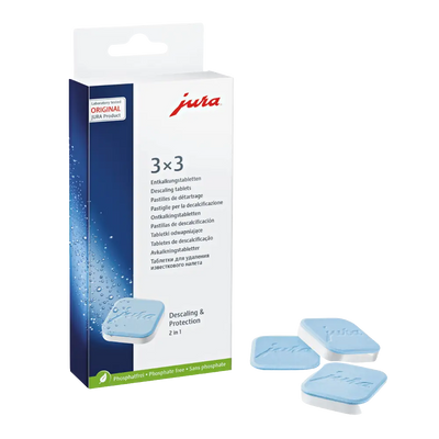 Jura decalcification tablets packaging with three tablets displayed on a white background