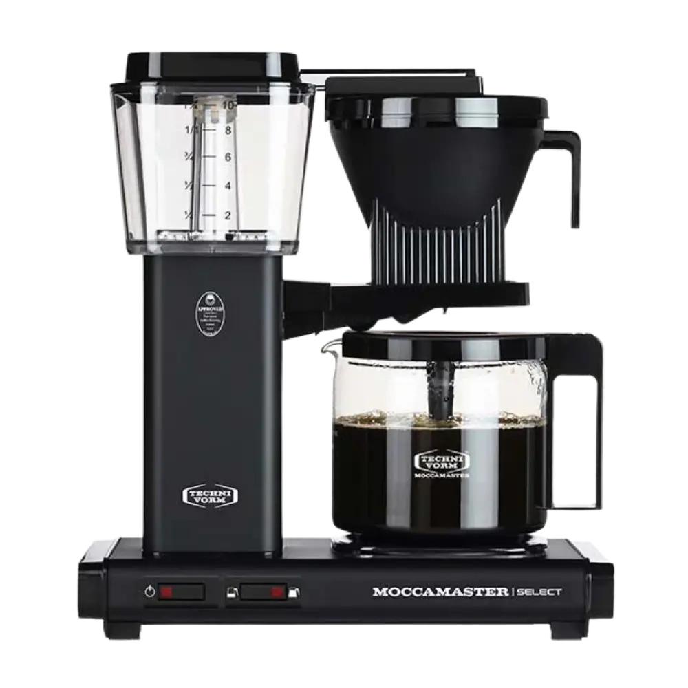 Black Moccamaster coffee maker on a white background
