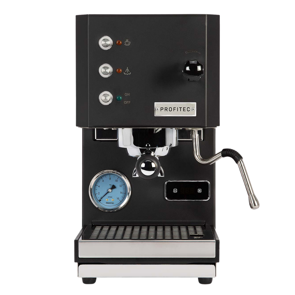 Black espresso machine with visible brand name on a white background