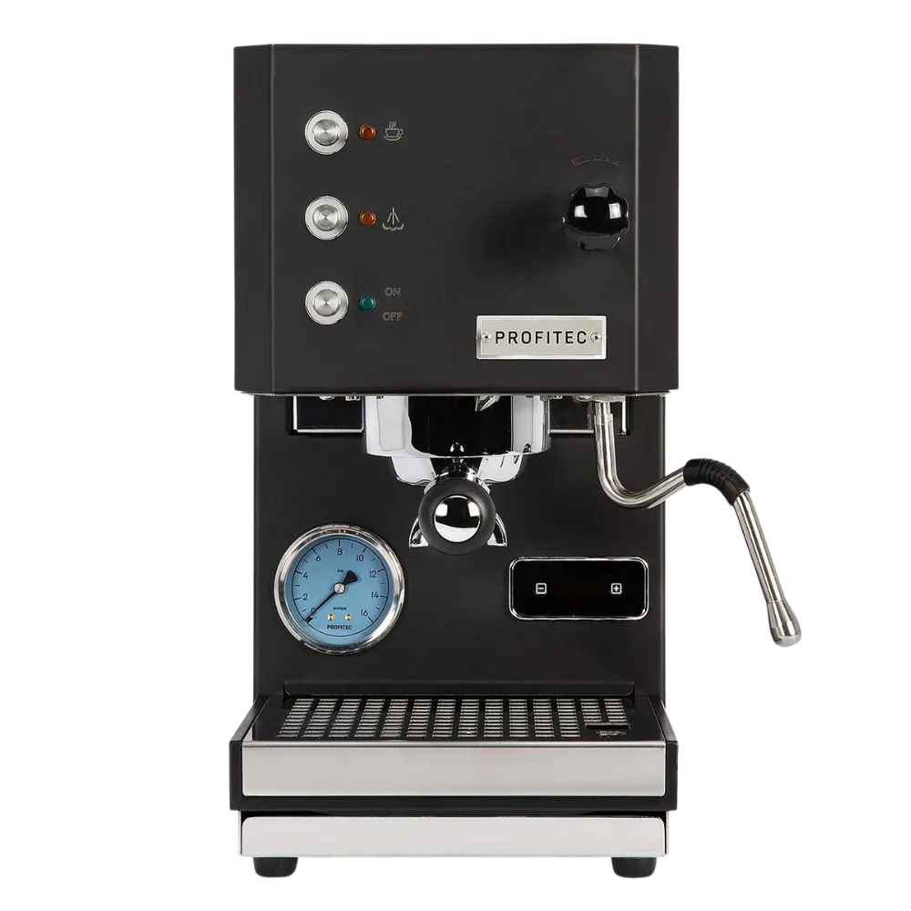 Black espresso machine with visible brand name on a white background