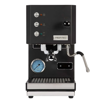 Black espresso machine with visible brand name on a white background