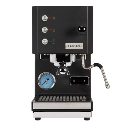 Black espresso machine with visible brand name on a white background