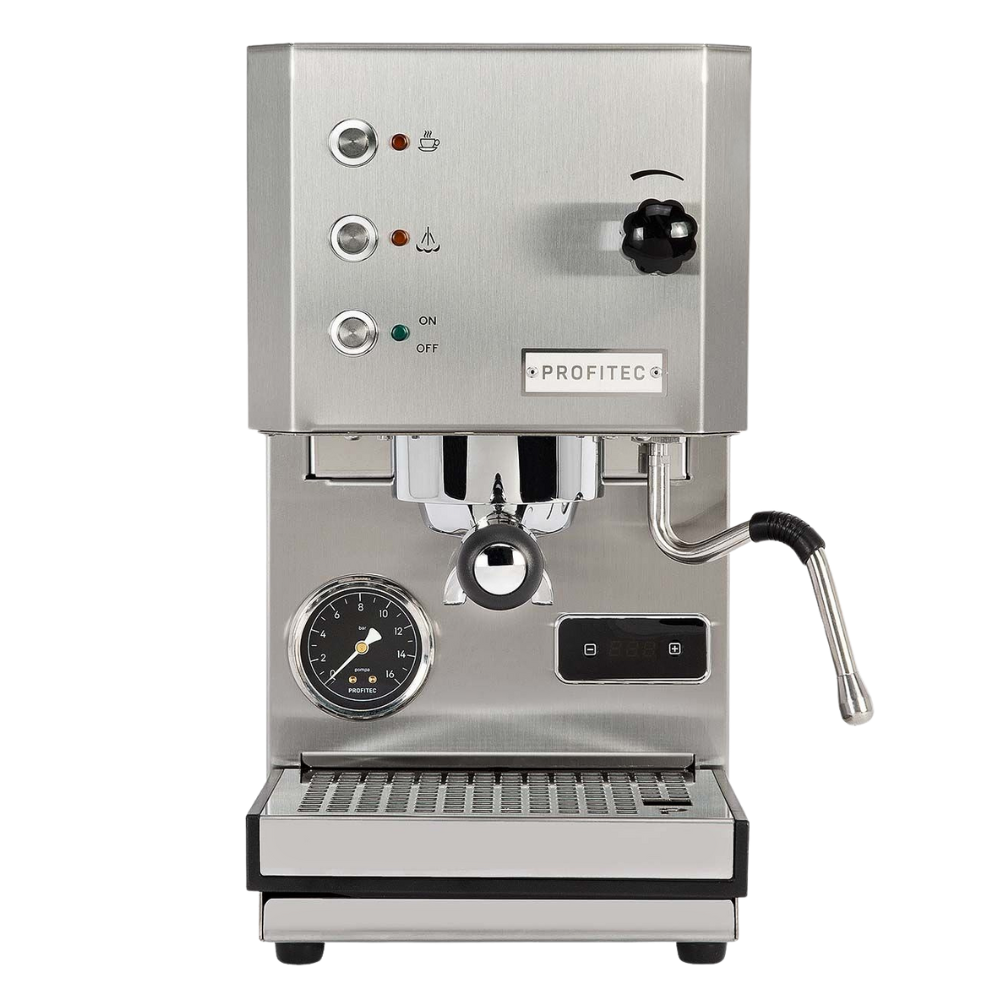 Stainless steel espresso machine with visible brand name on a white background