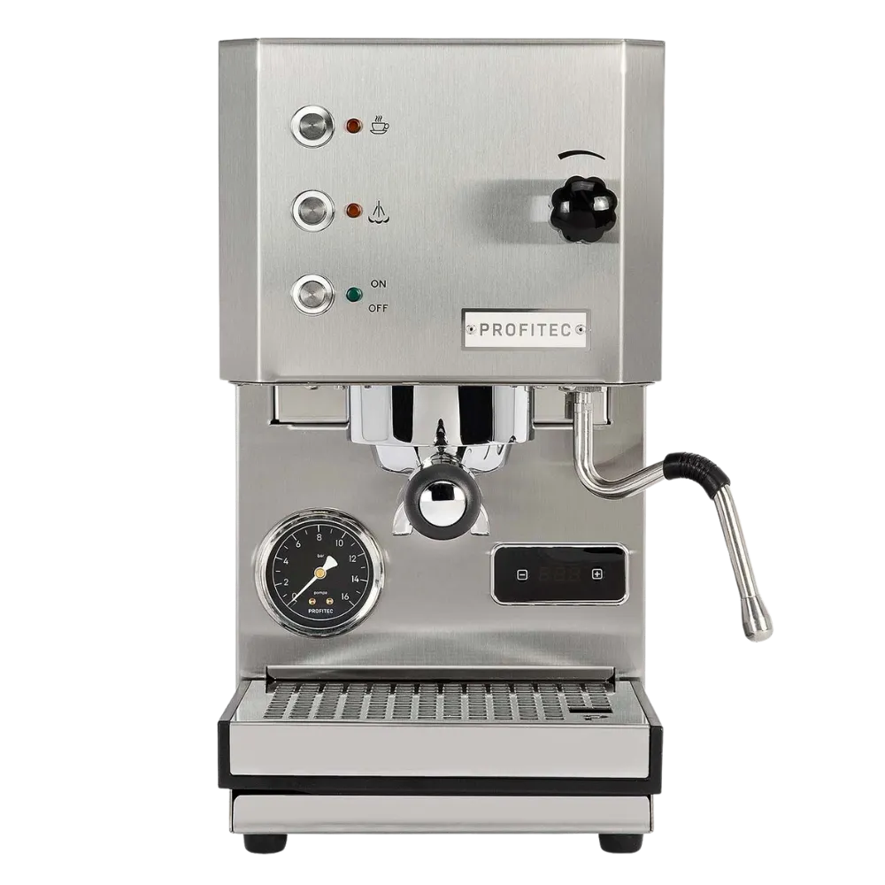Stainless steel espresso machine with visible brand name on a white background