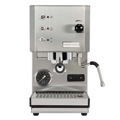 Stainless steel espresso machine with visible brand name on a white background