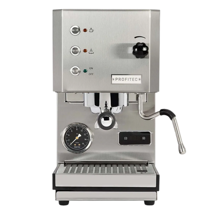 Stainless steel espresso machine with visible brand name on a white background