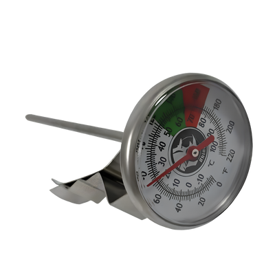 A stainless steel probe thermometer with a round dial showing temperature scales in Fahrenheit and Celsius, featuring green, yellow, and red sections on the face, isolated on a white background.