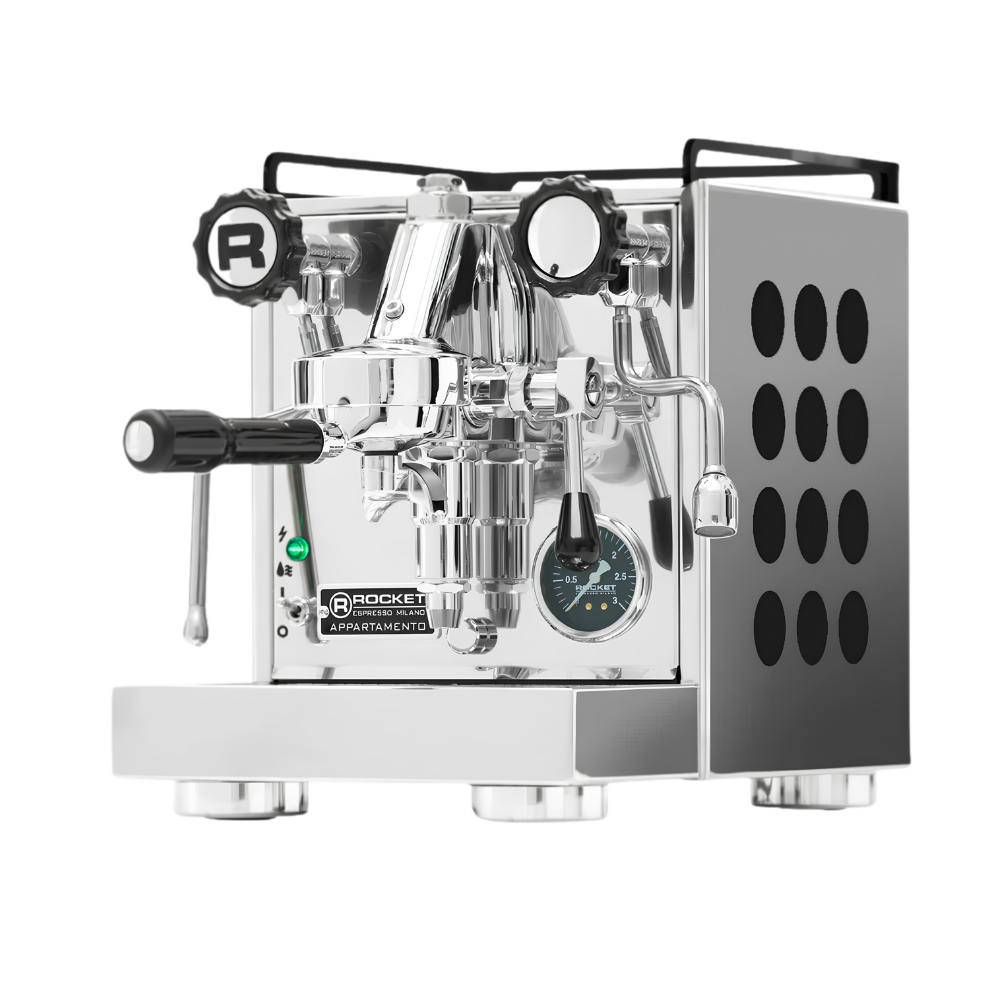 A Rocket Appliances semi-automatic espresso machine in polished stainless steel, featuring a portafilter attachment, pressure gauges, and a side-mounted steam wand, isolated on a white background.