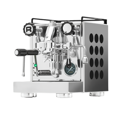 A Rocket Appliances semi-automatic espresso machine in polished stainless steel, featuring a portafilter attachment, pressure gauges, and a side-mounted steam wand, isolated on a white background.