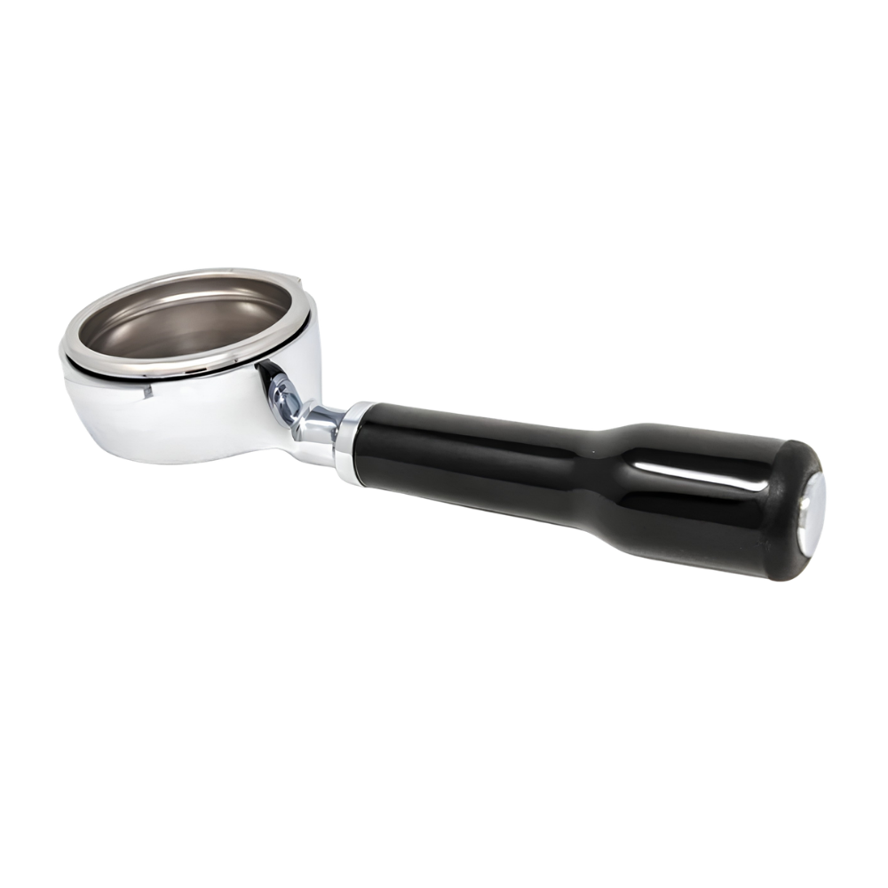 A professional espresso portafilter with a polished chrome metal head and a glossy black handle, shown on a solid white background.