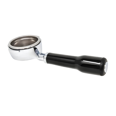A professional espresso portafilter with a polished chrome metal head and a glossy black handle, shown on a solid white background.
