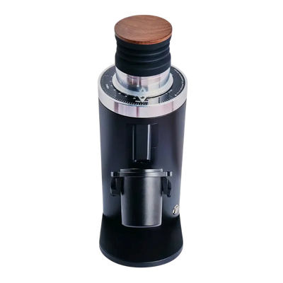 Black coffee grinder with wooden top on a white background