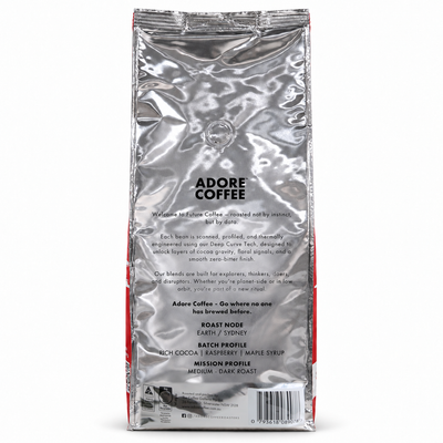 Adore Coffee The Mastro Blend Coffee Beans 1kg, back of the pack
