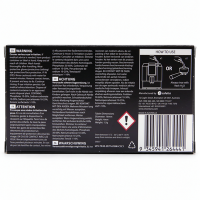 Breville Coffee Machine Cleaning Tablets Cino Cleano - 8 pack, back of the pack