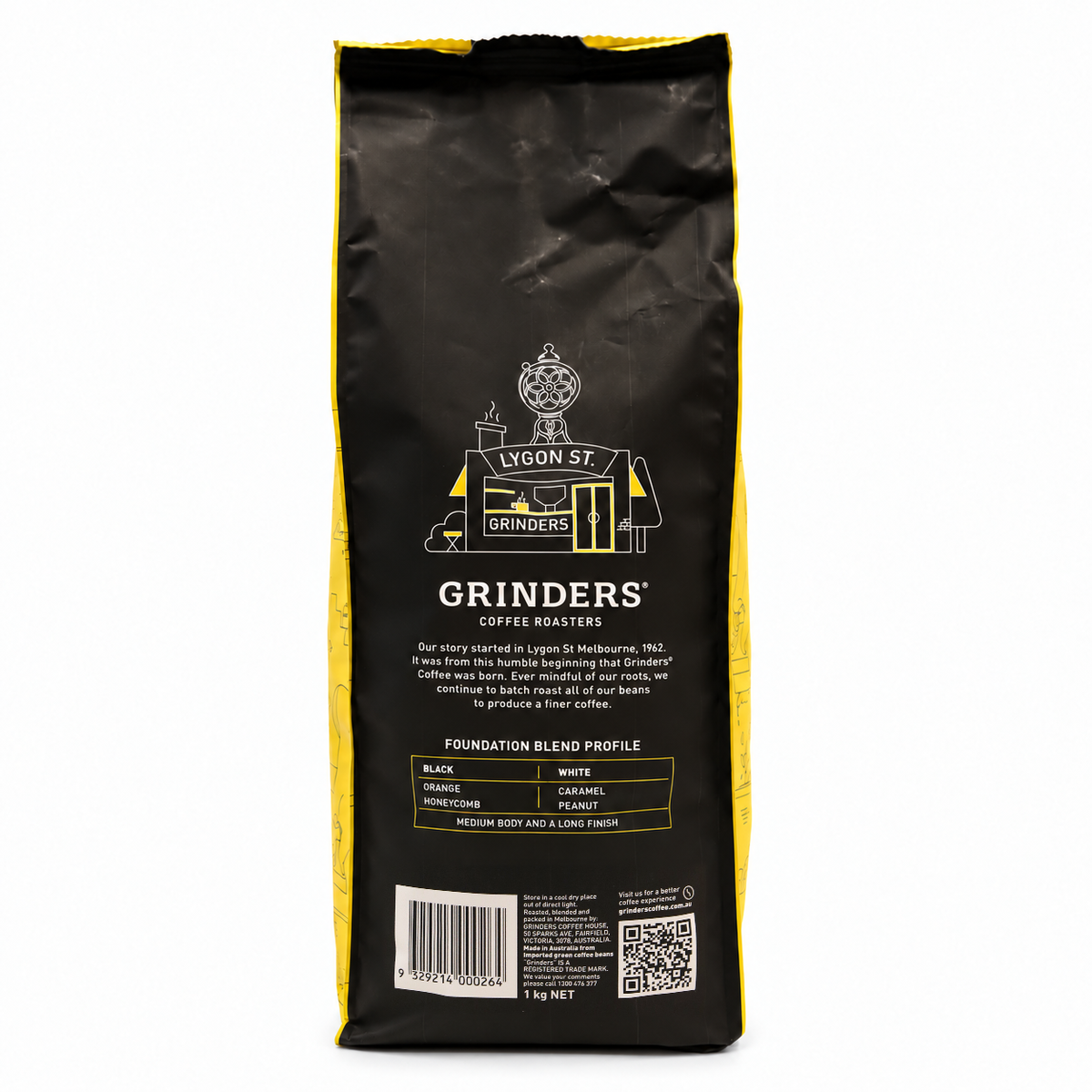 Grinders FOUNDATION BLEND Coffee Beans 1kg, back of the pack