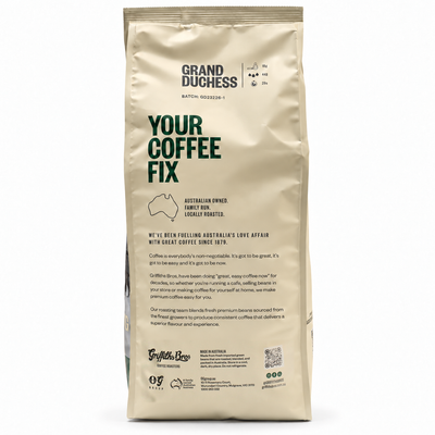 Griffiths Bros Grand Duchess Coffee Beans 1kg, back of the pack