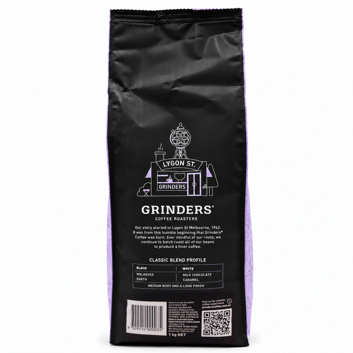 Grinders CLASSIC BLEND Coffee Beans 1kg, back of the pack