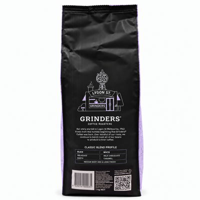 Grinders CLASSIC BLEND Coffee Beans 1kg, back of the pack