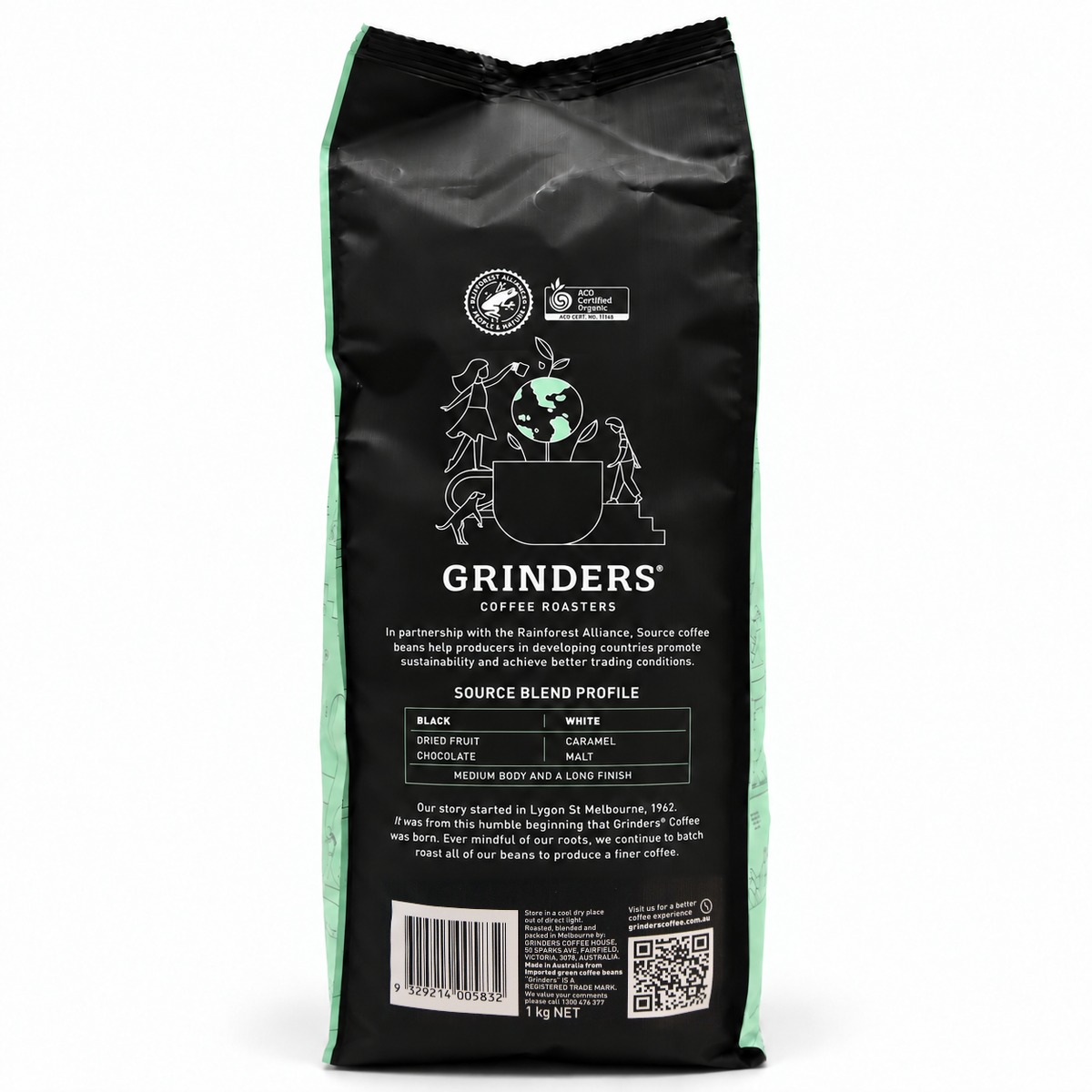 Grinders SOURCE FTO Coffee Beans 1kg, back of the pack