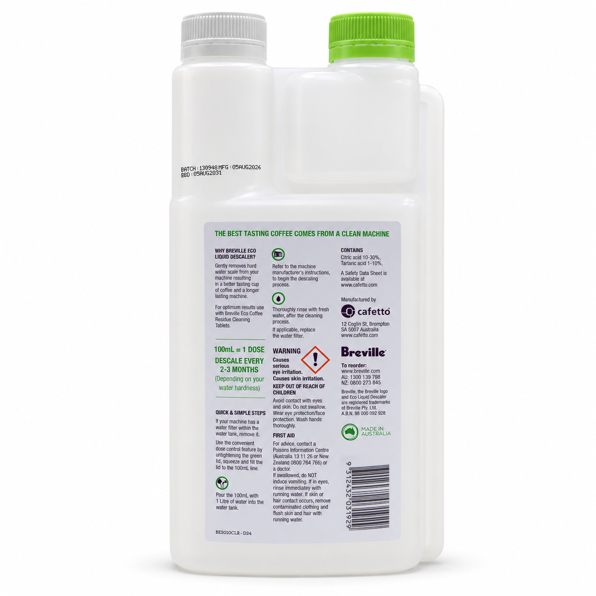 Breville Eco Liquid Descaler 1 litre, back of the pack