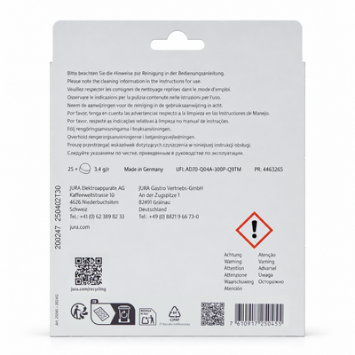 Jura 3-Phase Cleaning Tablets 25 pack, back of the pack